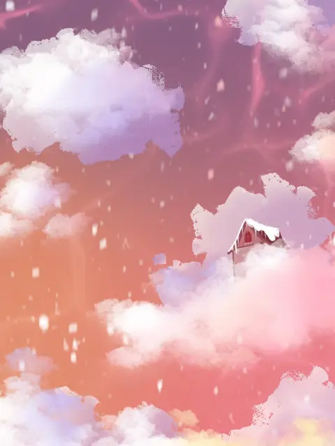 Red House Above Sunset Clouds Snowfall