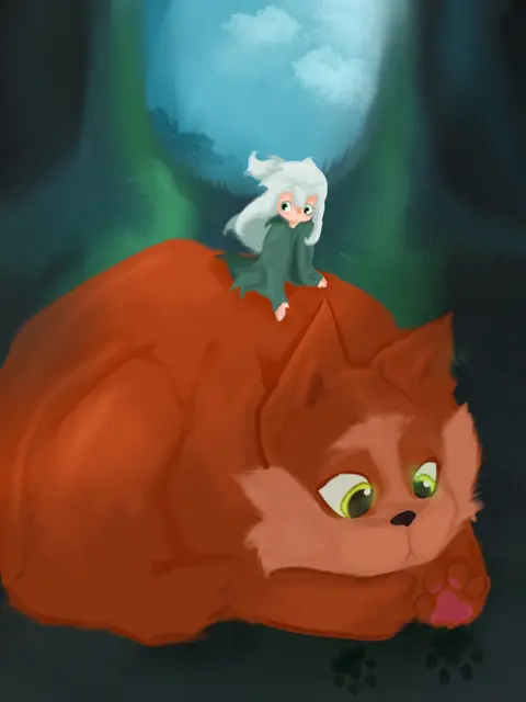 Girl And Giant Ginger Cat Moonlit Forest