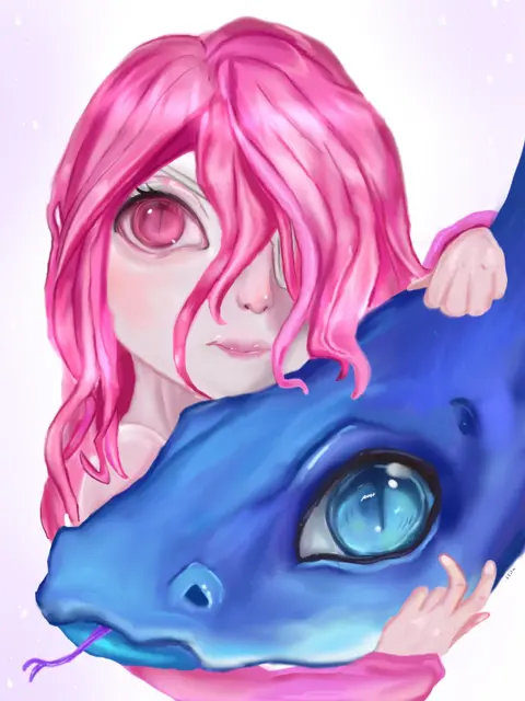 Girl Hugging Blue Dragon