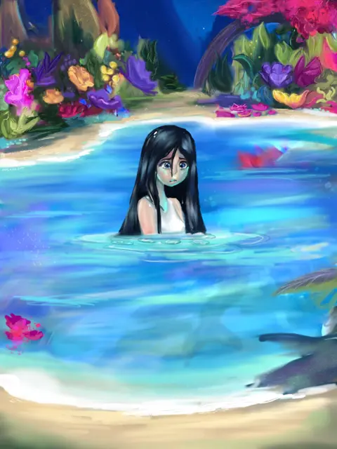 Girl In Lagoon With Shark Shadow