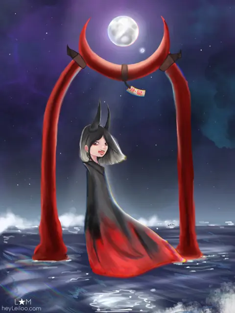 Oni Girl Red Torii Moonlit Sea