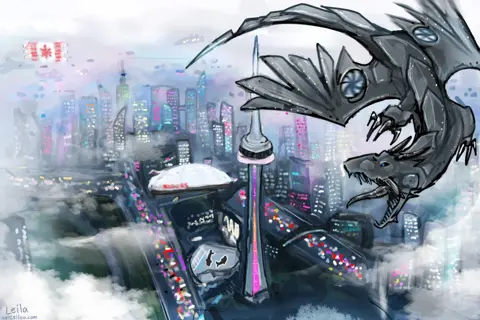 Mecha Dragon Over Toronto Cn Tower