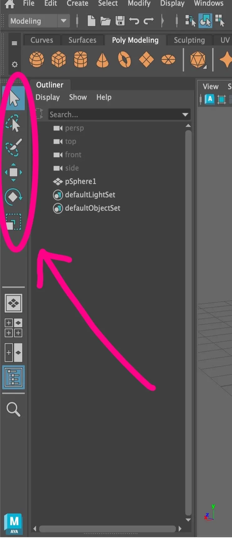 Autodesk Maya Create menu opened on the Polygon Primitives submenu showing cube, sphere, and cylinder options