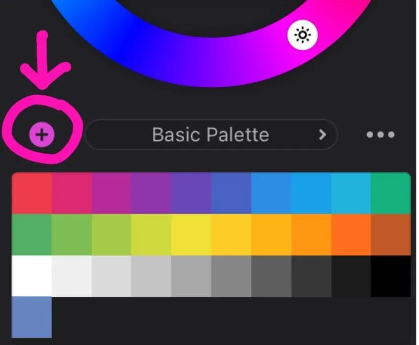 Corel Painter custom palette with the small plus button above it used to add the currently selected colour to the swatch grid