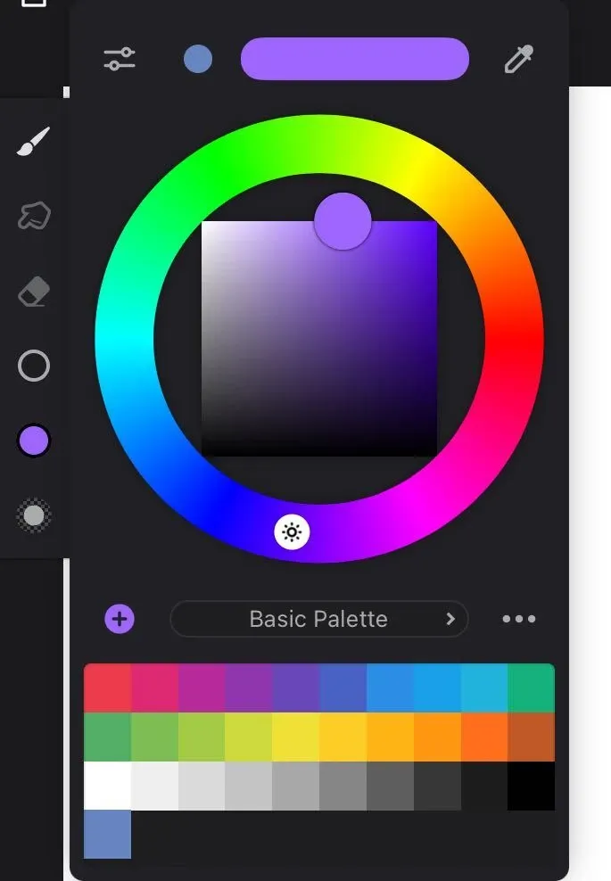 Corel Painter colour palette open after clicking the colour circle, ready for picking a new hue