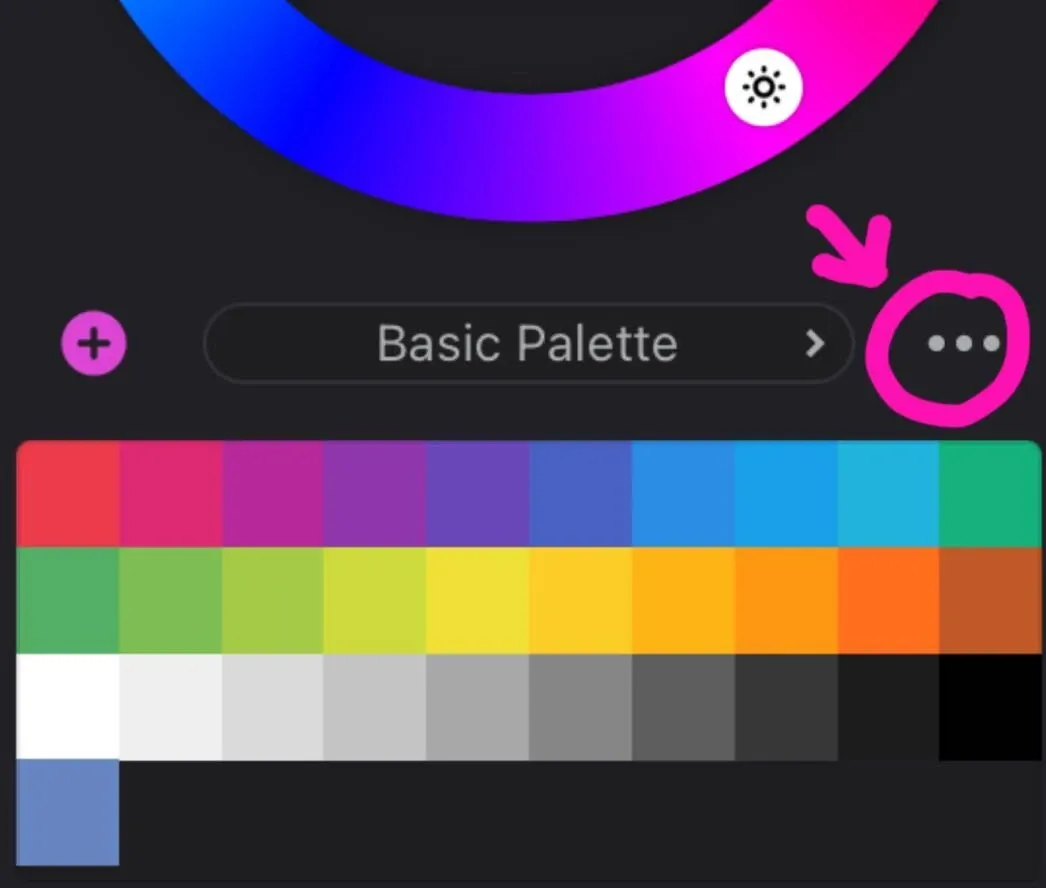 Corel Painter three-dots palette menu opened with Save, Share, Rename, Open, and Clear options listed