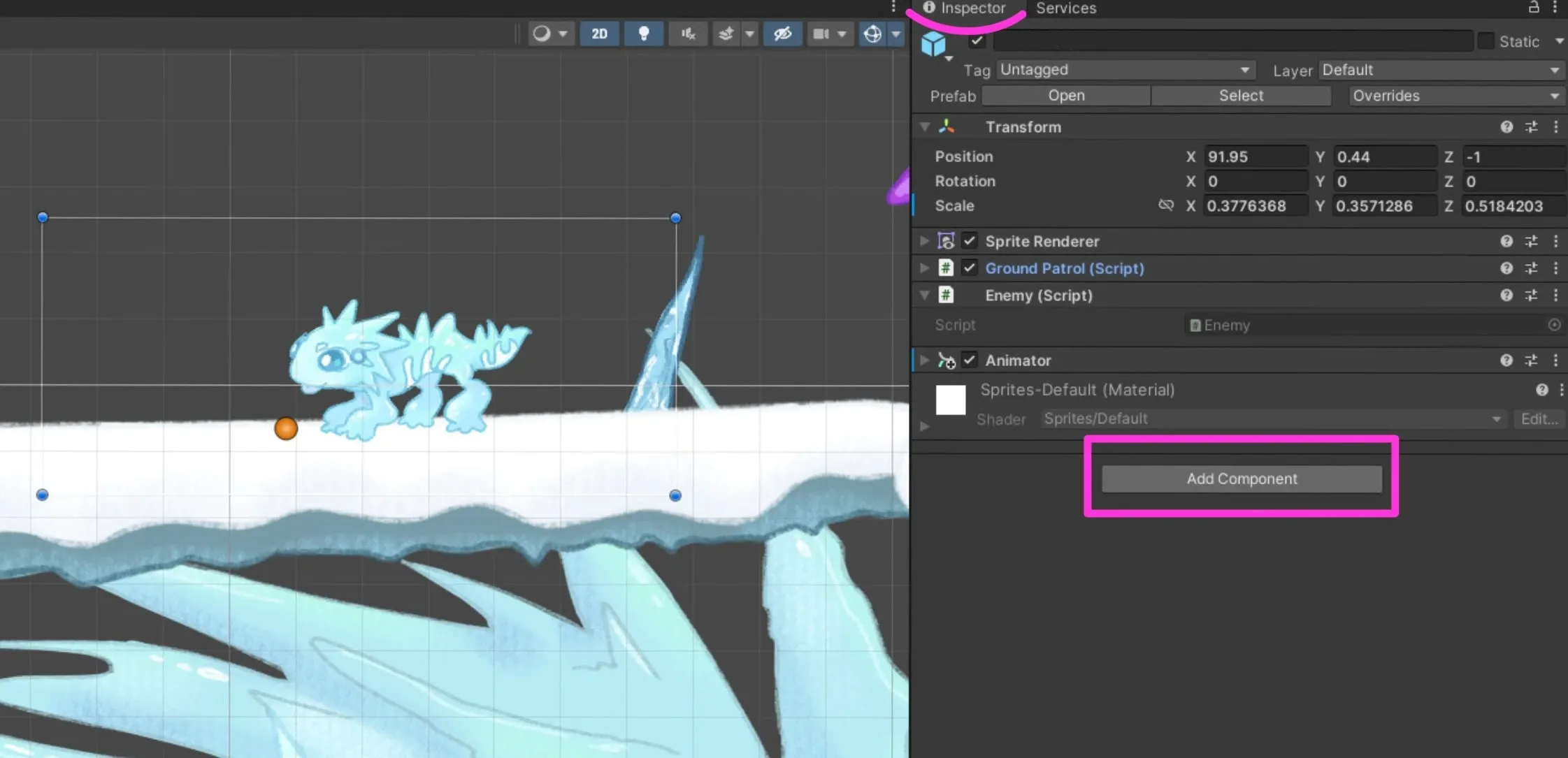Unity editor with a 2D sprite selected in the Hierarchy and its full settings shown in the Inspector panel on the right
