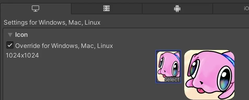 Unity icon upload slots populated after Override for Standalone is checked, ready for custom icon assignment