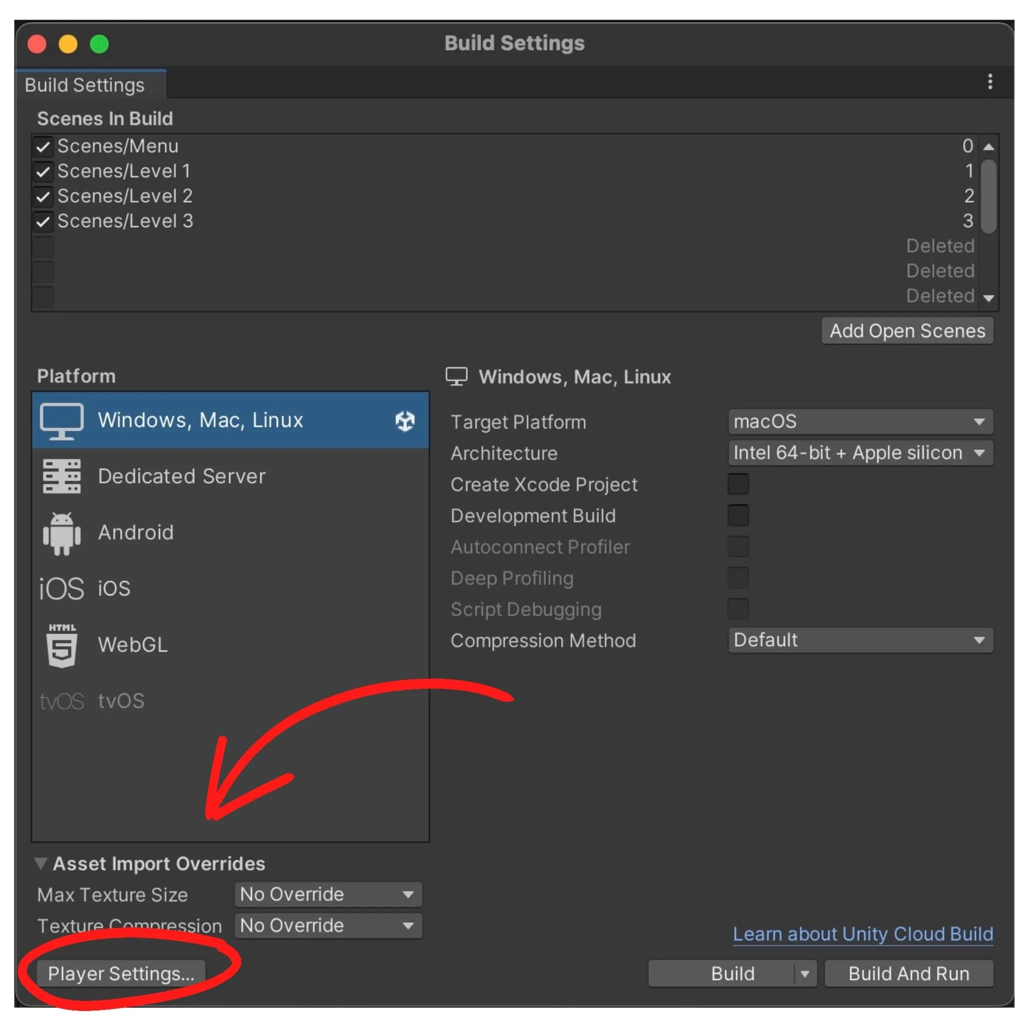 Unity Player Settings panel showing platform-specific icon upload slots under the Player section